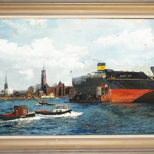 Null L.Grotzsch，海洋画家，20世纪上半叶，汉堡港景色，布面油画，左下角签名，44 x 76厘米，框架57 x 88厘米