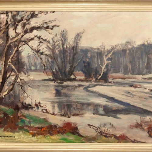 Null K.诺伊曼，20世纪初，有冰池的冬季风景，纸板上的油画，左下角签名，50 x 60厘米，框架57 x 70厘米
