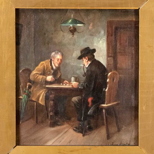Null 布鲁诺-布莱特(1870-?)，柏林风景和风俗画家。两个人在玩骰子，木头上的油画，右下角有签名，24 x 21厘米，有框架的40 x 38厘米