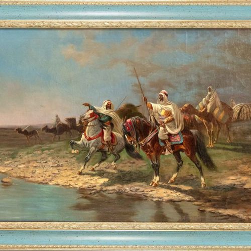 Null 签名：Merner，19世纪，渡河前的游牧民族，可能是根据东方学家Adolf Schreyer（1828-1899）的画作复制的，布面油画，左下角有 &hellip;