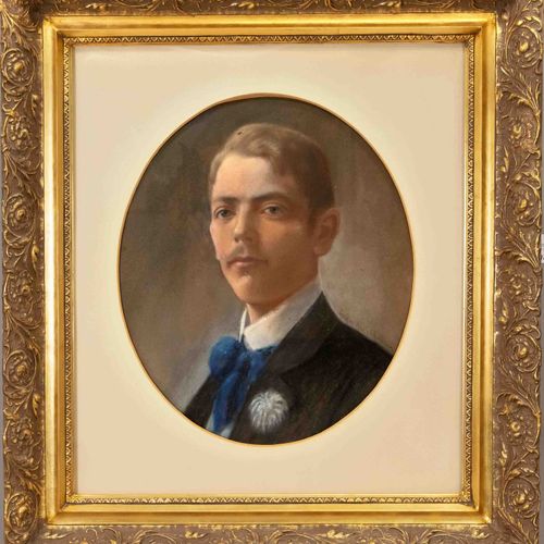 Null Erika Abels-d'Albert，19世纪末的艺术家，一个有小胡子的年轻人的肖像，粉笔画在纸板上，在右边的空白处签名，44 x 39厘米，玻璃&hellip;
