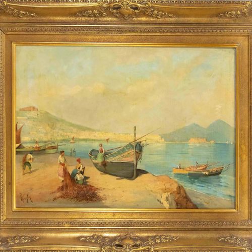 J.Giujtin，画家，约1900年，那不勒斯湾的渔夫，硬纸板上的油画，签名为 "J. Giujtin"（？Giujtin''(?)左下角，47 x 65厘米&hellip;