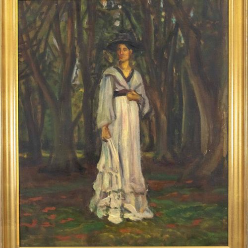 Null 克里斯蒂安-邦尼森（1870-1936，丹麦画家。身穿白色衣服的年轻女子站在树林中。布面油画，右下角签名，85 x 72厘米，框架95 x 83厘米
