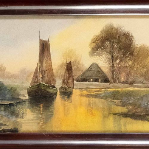Null G. Wirth，20世纪上半叶，《清晨运河上的渔船》，纸上水彩，右下角署名 "G. Wirth"（？），玻璃后面有框 17 x 40 cm