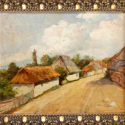 有签名的Agoston，可能是20世纪上半叶的匈牙利风景画家，一对村庄景色，纸板上的油画，不清楚的签名，21 x 26厘米，有框架的25 x 30厘米