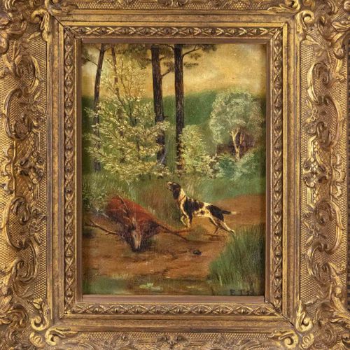 E.T. Schoen，20世纪上半叶，猎狗在被射杀的鹿旁边，硬纸板上的油画，右下角有签名，边缘有磕碰，22 x 17厘米，有框36 x 32厘米