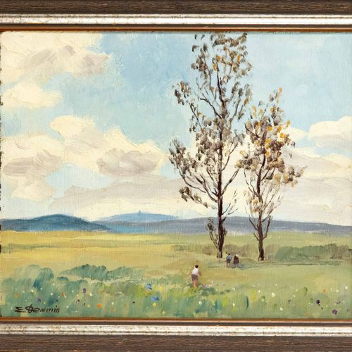 Null 埃里希-德米恩（1911-1997），哈维兰斯-马尔科洛尼的风景画家。广阔的春季风景，有工作人员的身影，胶合板上的油画，左下角有签名，24 x 30厘&hellip;