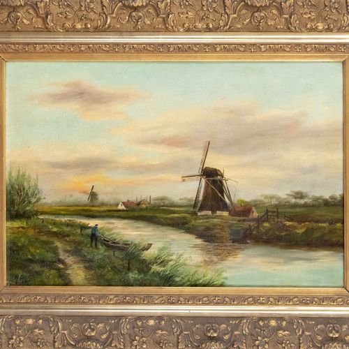 Null 署名H.Ras，19世纪末风景画家，荷兰风景画，运河边的磨坊，布面油画，左下角有签名，有修饰的补丁，40 x 60厘米，有框架60 x 80厘米