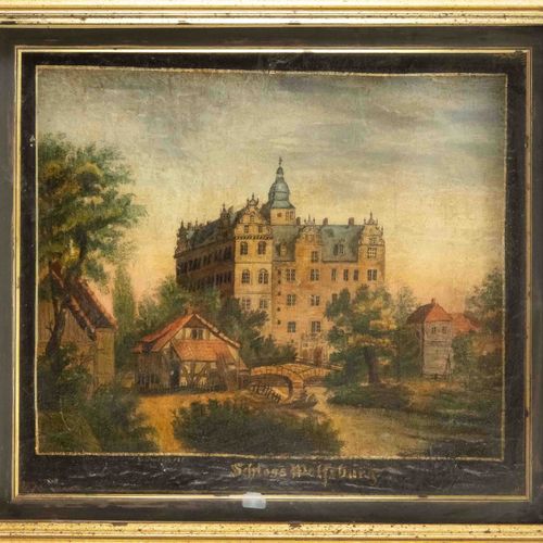 Null E.伊姆肯，19世纪中叶的维杜塔画家，沃尔夫斯堡城堡的景色，纸板上的油画，下缘有签名和日期1862，下面有刻字，有岁月的痕迹，33 x 41厘米，玻璃&hellip;