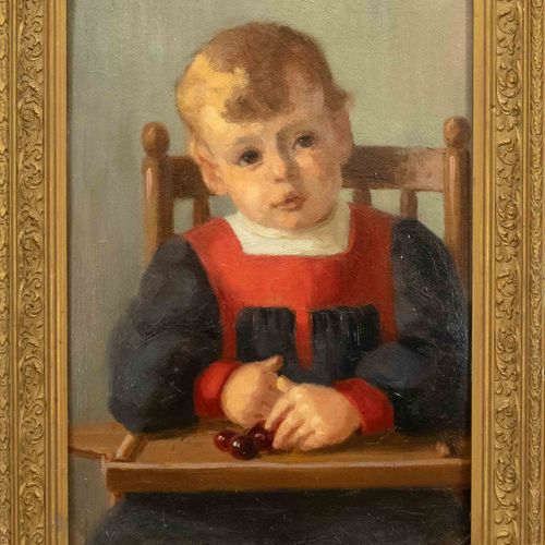 Null 20世纪上半叶的匿名肖像画家，高脚椅上的小男孩，面前有樱桃，纸板上的油画，无签名，48 x 36厘米，有框架的60 x 47厘米