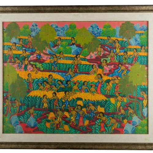 Life in Penestanan tempera and acrylic on canvas, peasants in Bali, signed by Kt&hellip;