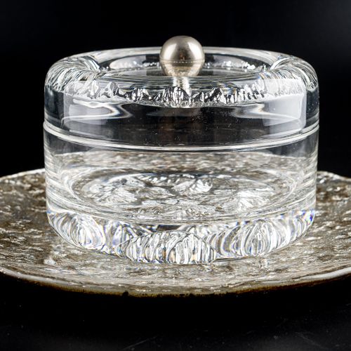 Candied fruit holder with underplate in glass, 9 x 15 cm; plate diameter 30 cm