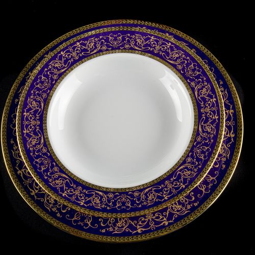 Limoges porcelain plate service with fine cobalt and gold decoration, complete w&hellip;
