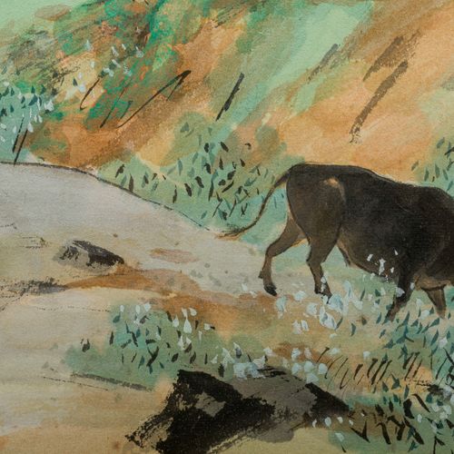 Glimpse of the countryside with ox watercolor and ink on cardboard, signed, fram&hellip;