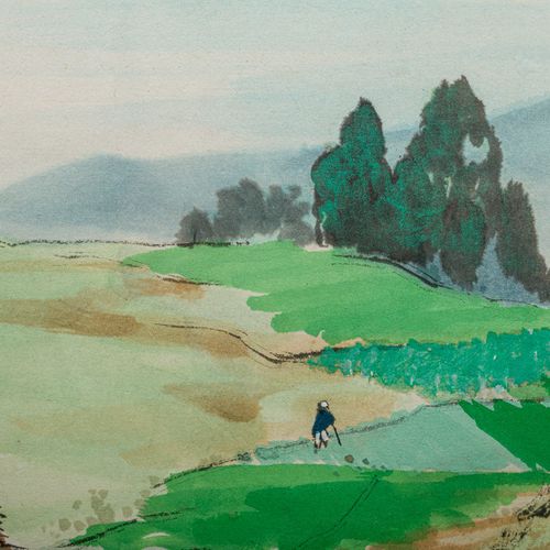 View of the countryside with a farmer watercolor and ink on cardboard, signed, f&hellip;