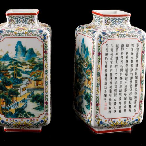 Pair of Vases porcelain painted with landscapes and ideograms, 16 x 8 cm