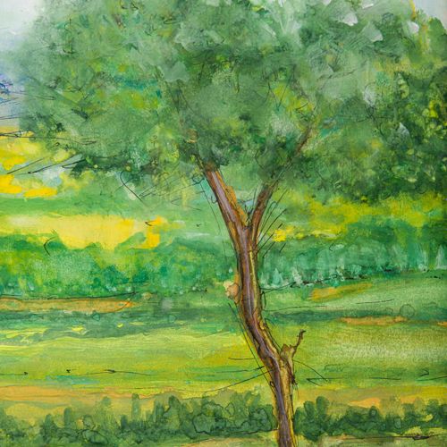 Country landscape watercolor on paper, framed, signed, 30 x 20 cm