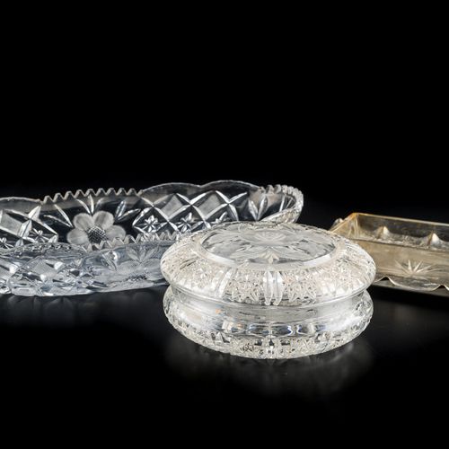 Three objects in cut crystal including two bowls with metal base and a small box&hellip;