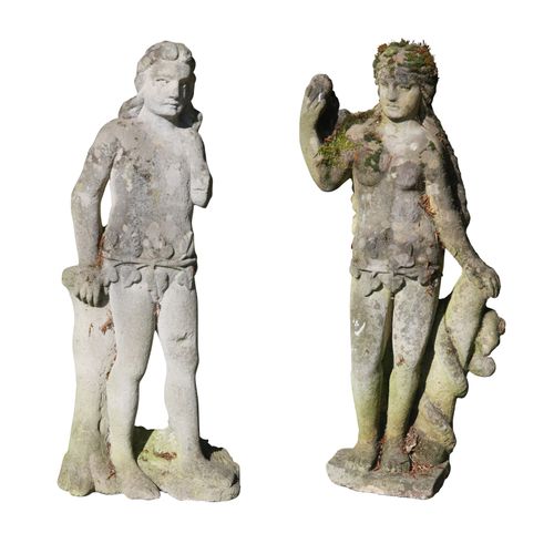 1 Paire de statues "Adam et Eve" en pierre. 
Epoque : 20ème siècle, probablement&hellip;