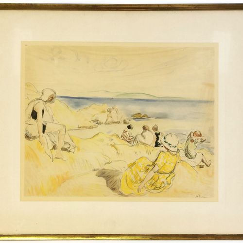 Henri LEBASQUE (1865 1937) 
En bord de plage 
Aquarelle et fusain sur papier sig&hellip;