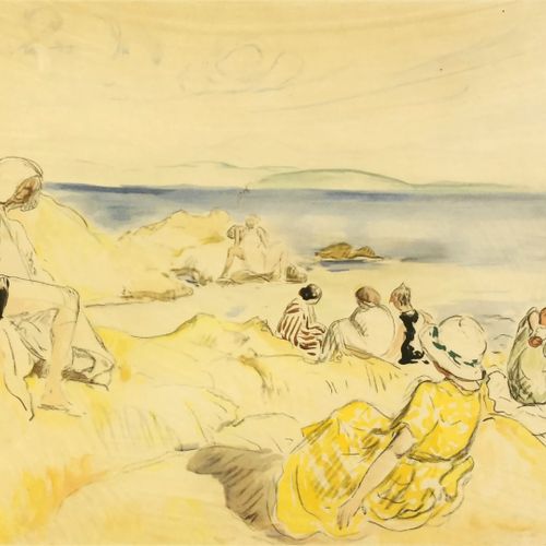 Henri LEBASQUE (1865 1937) 
En bord de plage 
Aquarelle et fusain sur papier sig&hellip;