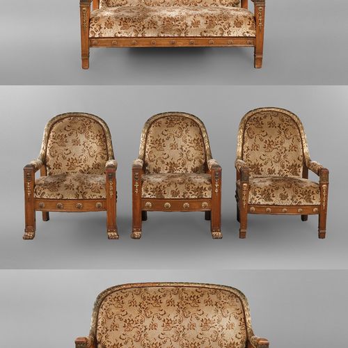 Null 
Ensemble de sièges néoclassique 
vers 1910, noyer massif, sculpté, partiel&hellip;