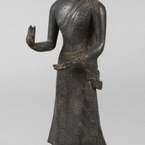 Null 
Standing Buddha
20th century, unmarked, bronze dark patinated, partly orna&hellip;