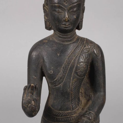 Null 
Standing Buddha
20th century, unmarked, bronze dark patinated, partly orna&hellip;