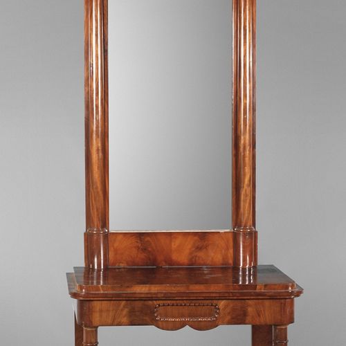 Null 
比德梅尔式控制台镜子
约1830年，金字塔型桃花心木贴面针叶木，细长的高镜子，两侧是翻转的半柱，有弧形锯开的冠，两片镜面玻璃，配套的控制台，这个有轻&hellip;