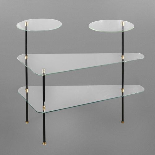 Null 
Glass shelf
1960s, kidney-shaped shelf etagére, made of fluted black strut&hellip;