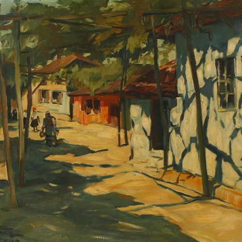 Null 
"Karlova"
被太阳照亮的村庄街道和一些路人，友好色彩的印象派绘画，布面油画，约1960-70年，左下角难以辨认的签名和标题 "Karlova&hellip;