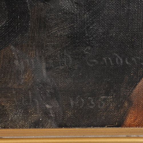 Null 
拉格尼尔德-恩德，一位女士的画像
一位优雅的女士的半身肖像，戴着帽子和红围巾，穿着毛皮镶边的大衣，在一个黑暗的背景前，略微浸染的肖像画，布面油画，右&hellip;