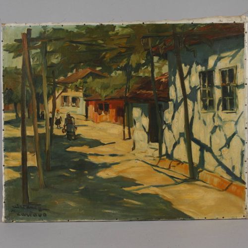 Null 
"Karlova"
Strada di paese illuminata dal sole con alcuni passanti, dipinto&hellip;