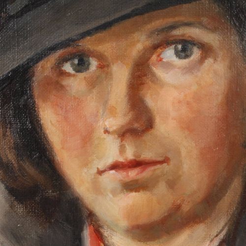 Null 
拉格尼尔德-恩德，一位女士的画像
一位优雅的女士的半身肖像，戴着帽子和红围巾，穿着毛皮镶边的大衣，在一个黑暗的背景前，略微浸染的肖像画，布面油画，右&hellip;