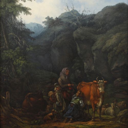 Null 
富有特色的景观
农民的家庭和他们的牛羊群，在岩石的夏季山景中，大气，釉面，浪漫的风俗画，色彩崇高，用尖笔精细捕捉，布面油画，右下角有 "Richte&hellip;