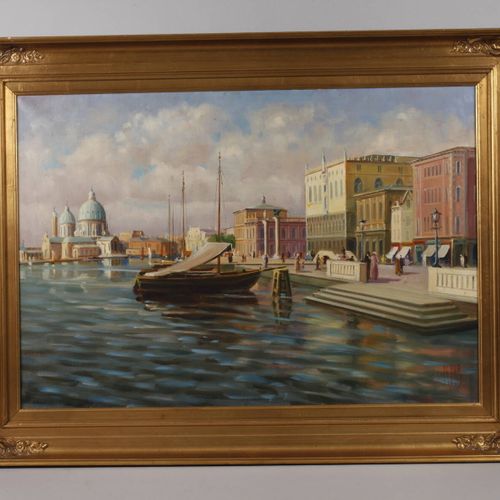 Null 
威尼斯 观点 
从大运河眺望，经过总督府，到圣玛丽亚大教堂，友好色彩的veduta画，布面油画，20世纪下半叶，右下方有 "K.P.S. "字样，装&hellip;