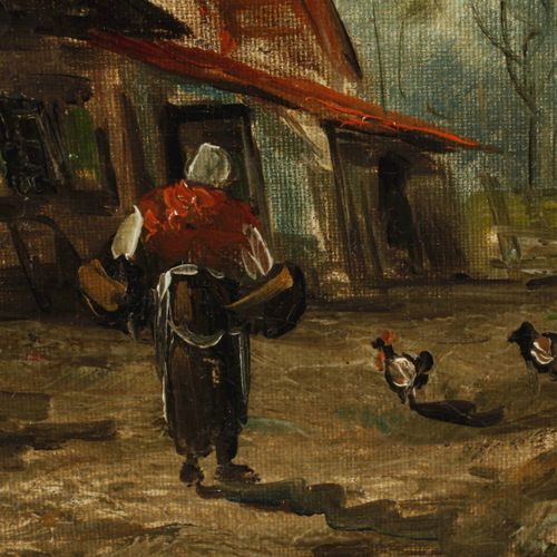 Null 
维尔赫斯特，阳光村街
夏末风景，有一个农夫的妻子和鸡，在池塘边的农场前，浸渍画，布面油画，20世纪上半叶，右下角有 "Verhelst "的签名，有&hellip;