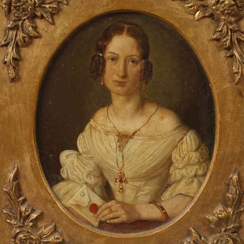 Null 
一对Biedermeier肖像画
穿着当时流行的白色连衣裙的年轻女子，戴着长项链，手里拿着信，以及戴着眼镜，手里拿着书的年轻男子，用尖笔画出的油画肖&hellip;