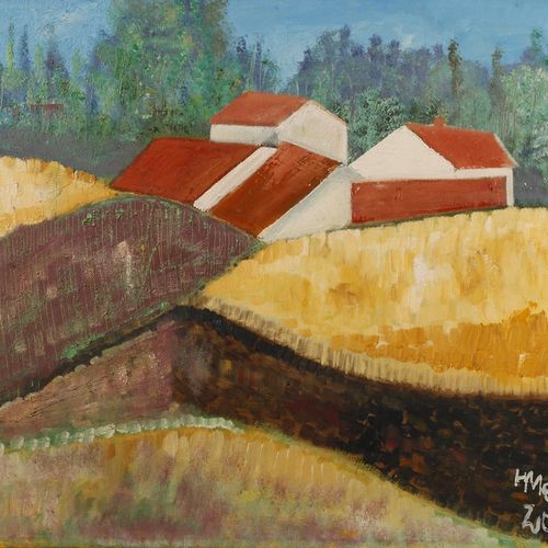 Null 
H.梅尔，夏季景观
在森林前的田野和草地后面有红色屋顶的家园，在蓝色的天空下，浸渍，部分划痕的风景画，布面油画，右下角有签名和日期 "H Meyer&hellip;