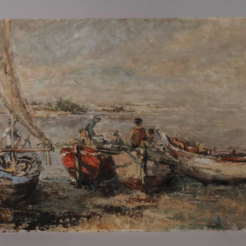 Null 
海滩上的渔民
四艘渔船，渔民在海边的船上劳作，浸渍画，硬纸板上的油彩，左下方有签名和部分难以辨认的日期 "A. V...(19)66"，无框，板块尺&hellip;