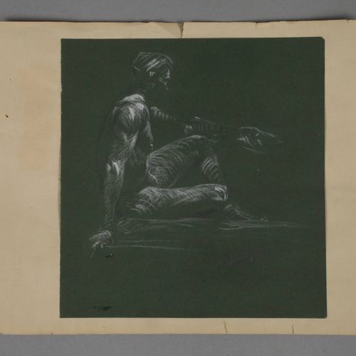 Null 
Coppia di disegni
Nudo maschile seduto a terra, gesso bianco su carta verd&hellip;