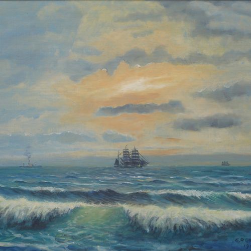 Null 
E.P. Olesen，《晚霞中的船舶》，《晚霞中的船舶》。
在夕阳的照耀下，在移动的海面上的蓝色时光，地平线上有船只，有釉面的海洋画，有少量印象派&hellip;