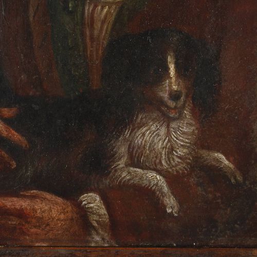 Null 
H.Jung, attr, 带着小狗的年轻男人
年轻人亲切地看着观众，怀里抱着一只小狗，在黑暗的背景下，肖像画部分用尖笔完成，纸板上的油彩，背面有日&hellip;