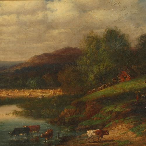 Null 
饮水处的奶牛
田园诗般的夏季风景，有收获的玉米田，河岸边的奶牛和森林边缘的农夫小屋，晚期浪漫主义传统中的低凹风景画，油画，19世纪下半叶，无签名，轻&hellip;