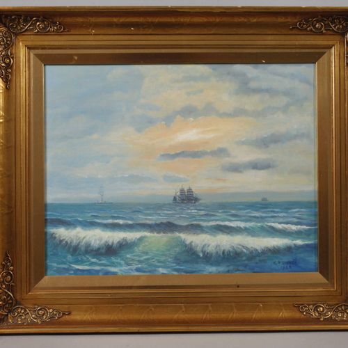 Null 
E. P. Olesen, Ships in the evening light
blue hour on a moving sea, with s&hellip;