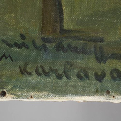 Null 
"Karlova"
被太阳照亮的村庄街道和一些路人，友好色彩的印象派绘画，布面油画，约1960-70年，左下角难以辨认的签名和标题 "Karlova&hellip;