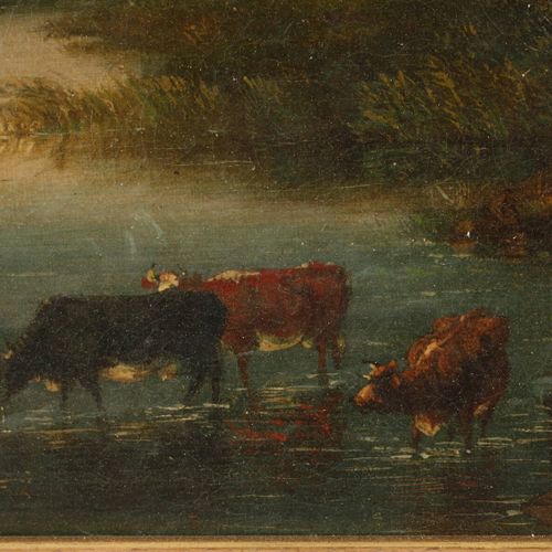 Null 
饮水处的奶牛
田园诗般的夏季风景，有收获的玉米田，河岸边的奶牛和森林边缘的农夫小屋，晚期浪漫主义传统中的低凹风景画，油画，19世纪下半叶，无签名，轻&hellip;