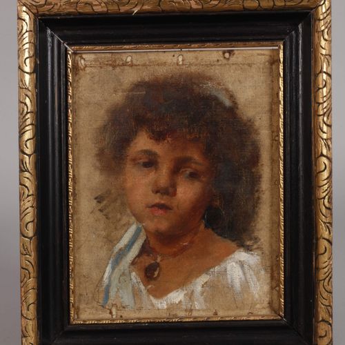 Null 
一个女孩的研究
带耳环和项链的年轻女孩的头像，轻快地捕捉肖像研究，油画在铅笔画上，安装在纸板上，19世纪，没有签名，缺乏保存，有框架，折叠尺寸约28&hellip;