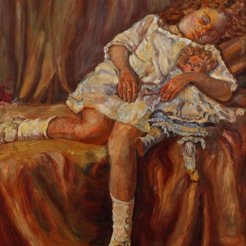 Null 
O.Leuschner，带着娃娃的沉睡女孩
睡着的女孩，卷曲的头发和白色的衣服，怀里抱着一个娃娃，小暗示画的细微差别与不同的笔触，布面油画，签名，日&hellip;