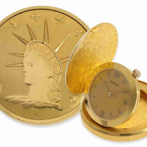 Null 怀表：罕见的18K金硬币表，Benrus品牌，来自1950年代

约。直径35.5毫米，重约41克，18K金，硬币形状的表壳，带弹簧盖的表壳带，标有S&hellip;